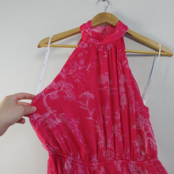 Lulus Halter Tiered Midi Dress S Hot Pink Floral Float to You Boho Cocktail 364 - Picture 6 of 14